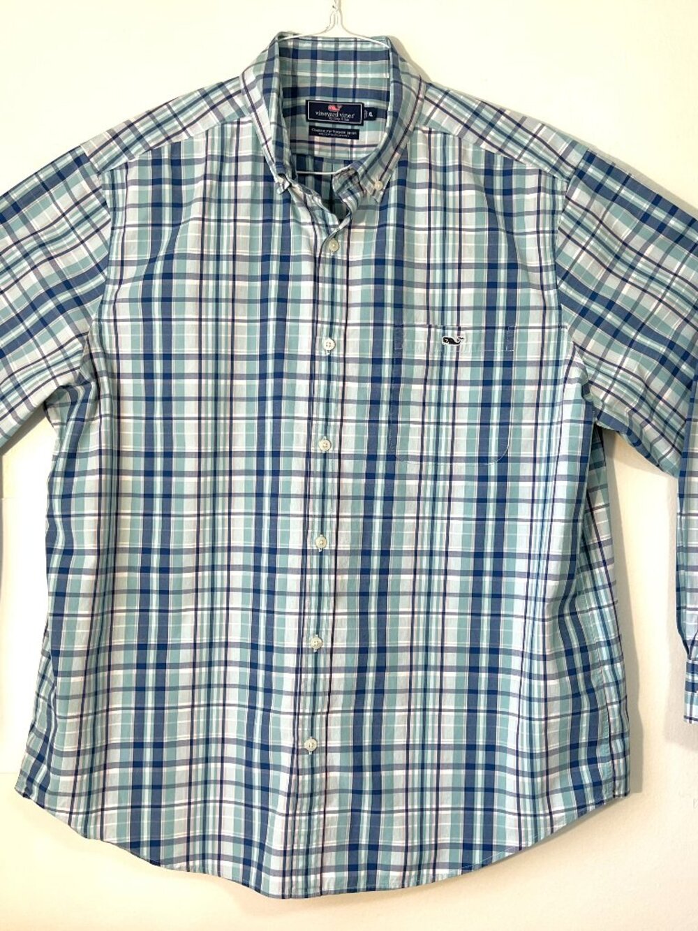 "Vineyard Vines"   Size XL Button Shirt  Blue White Plaid Classic Tucker Whale